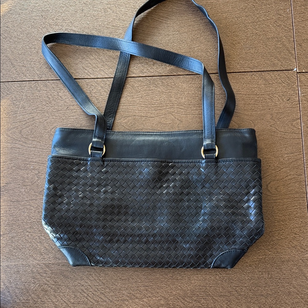 Eximious Black Leather Woven Tote Bag